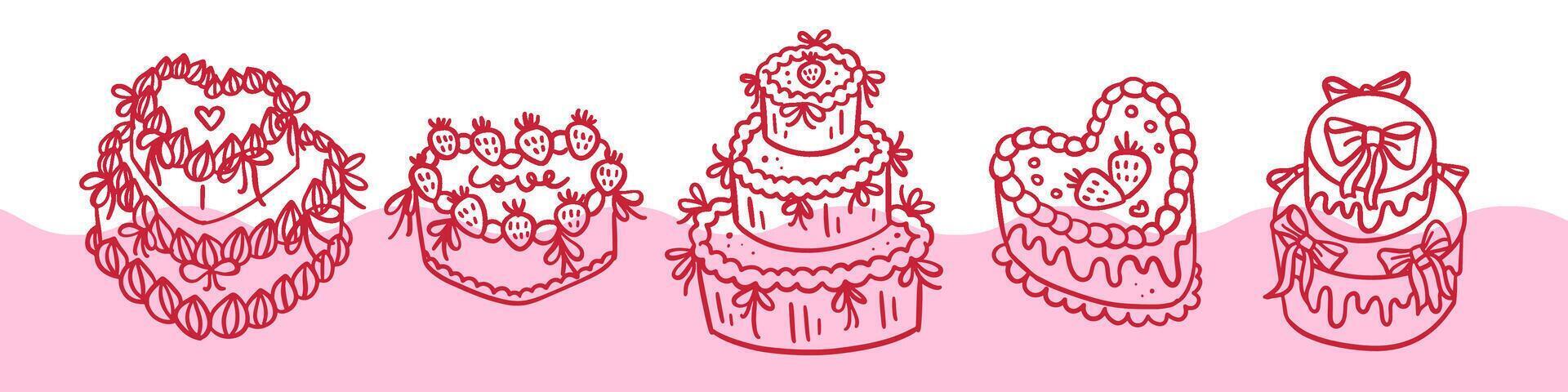 Coquette cakes set. Vintage Cake Collection with Retro Cream Decorations and Heart cake. Valentine's day pink coquette clipart. Hand drawn doodle illustration, vector