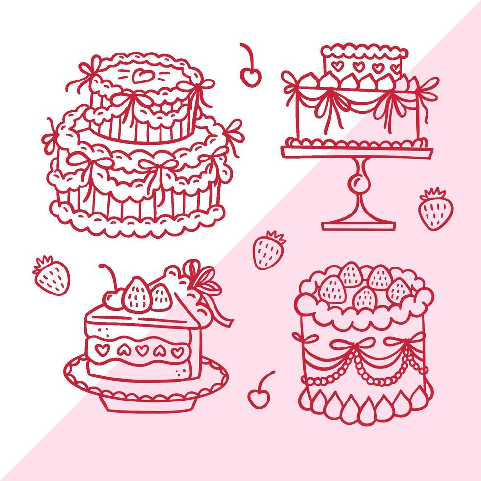 Coquette cakes set. Vintage linear Cake Collection with