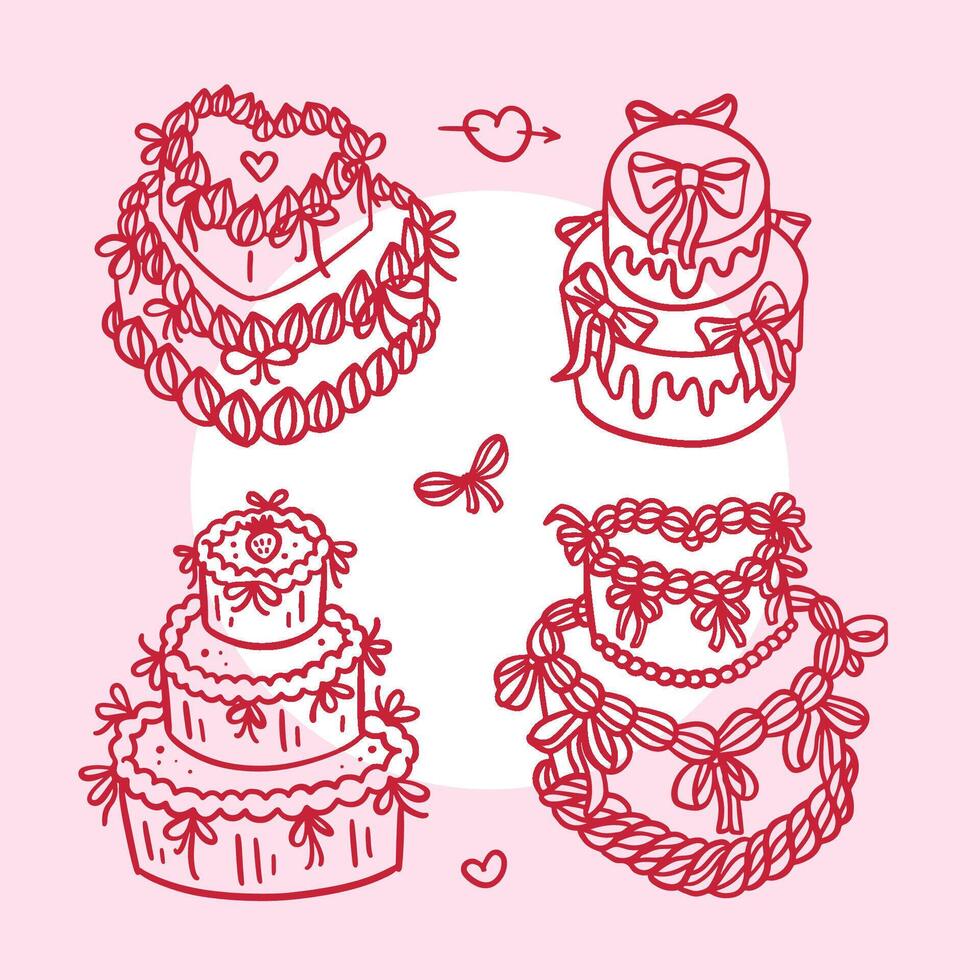 Heart Shape and round Vintage Multi-tiered Cakes set with coquette Bows, Whipped Cream, Ribbons. Valentine's day dessert. Hand drawn linear doodle illustration. vector