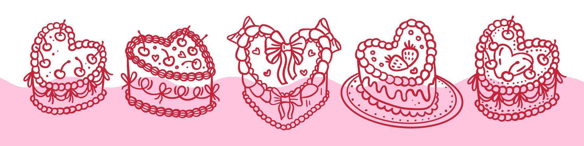 Set of Retro Cake heart-shaped in Groovy Coquette style with cherry and ribbon bows. Hand drawn linear doodle illustration, vector