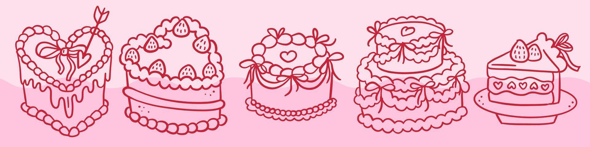 Vintage Heart Cakes set with Coquette bows. Doodle Retro Hand Drawn Outline doodle sweets. vector