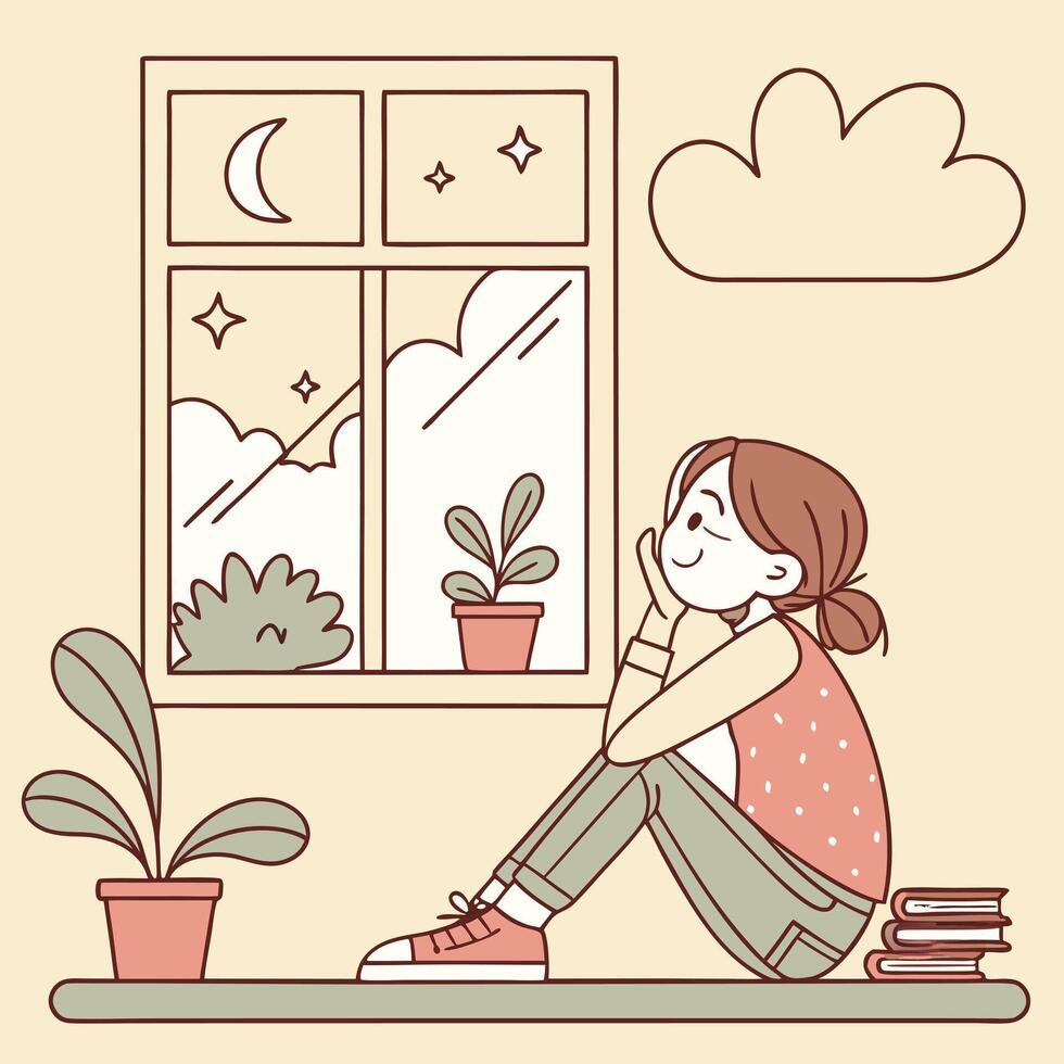 Stay at home with woman thinking vector