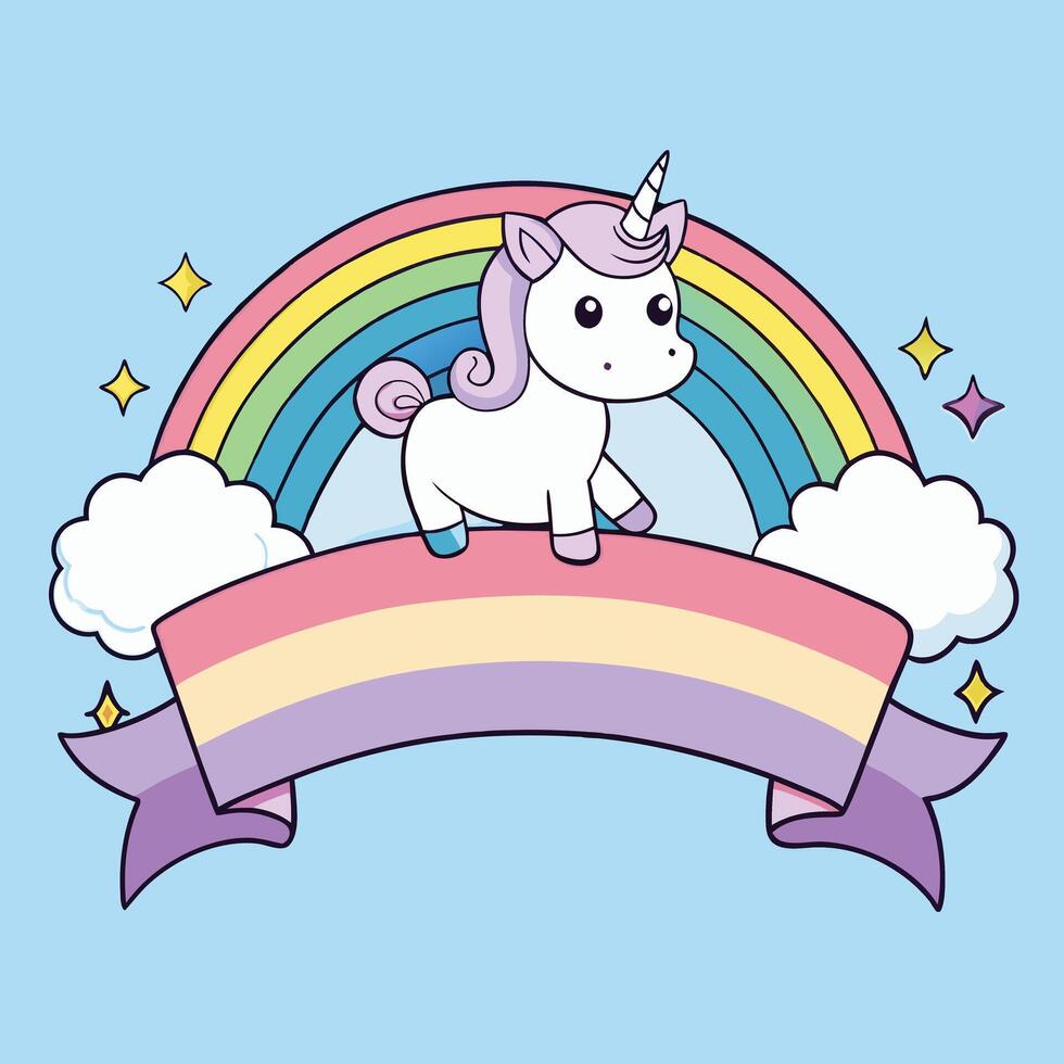 Cute Unicorn with bunny on rainbow kawaii animal hand drawn vector