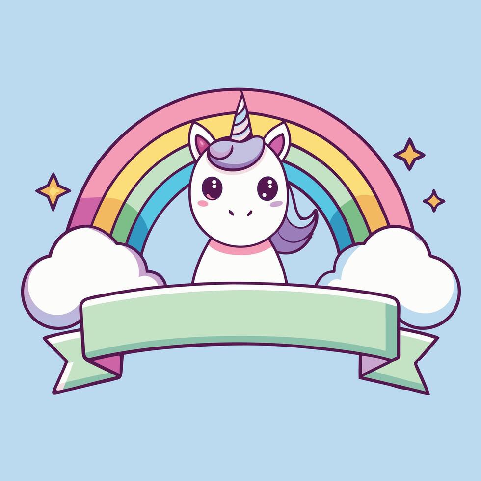 Cute unicorn in the pastel sky with rainbow vector