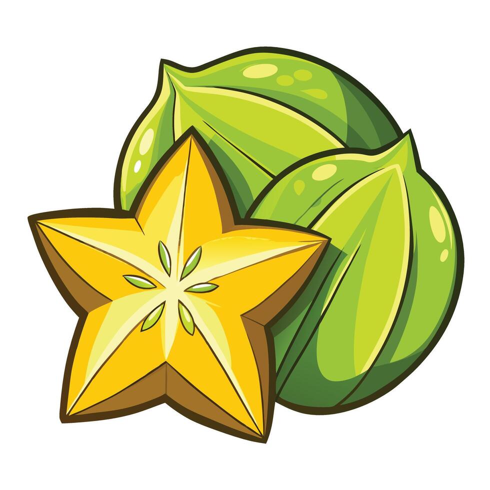 whole and half cut green, yellow ripe carambola isolated on white background vector