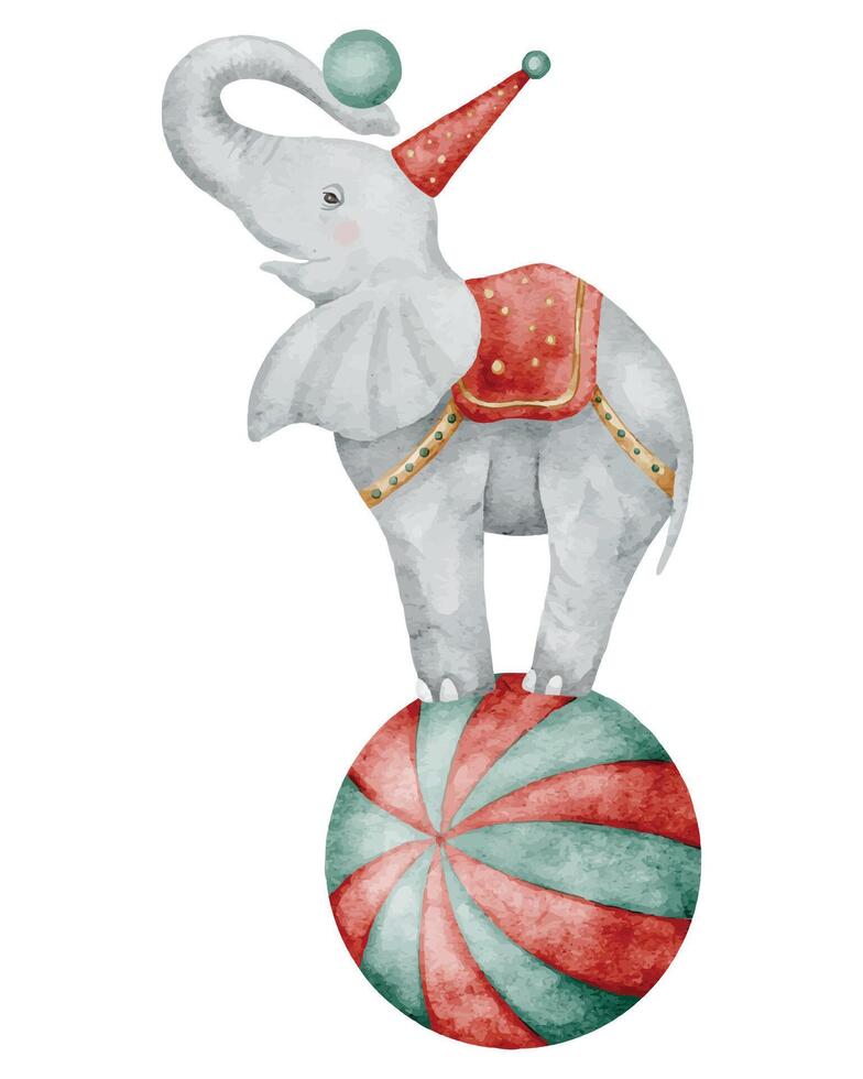 Watercolor illustration of Circus Elephant balancing on a colorful ball. Drawing of Carnival animal for childish poster or performance design. Art for baby shower greeting cards or kids invitations. vector