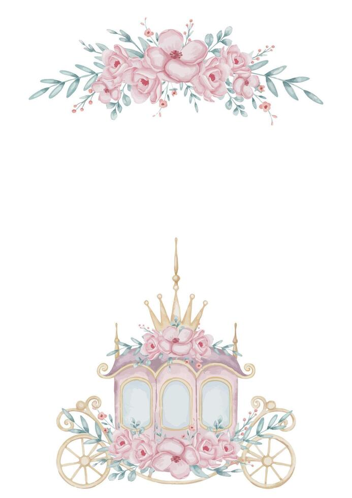 Watercolor template for card with pink and beige Princess Carriage and floral elements. Illustration for Baby shower greeting cards or childish posters. Frame for girls posters. vector