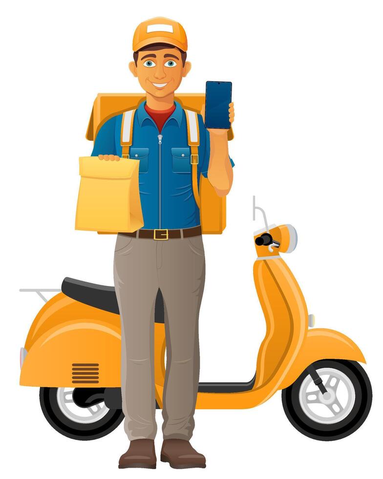 delivery man on scooter courier express illustration isolated on white background vector