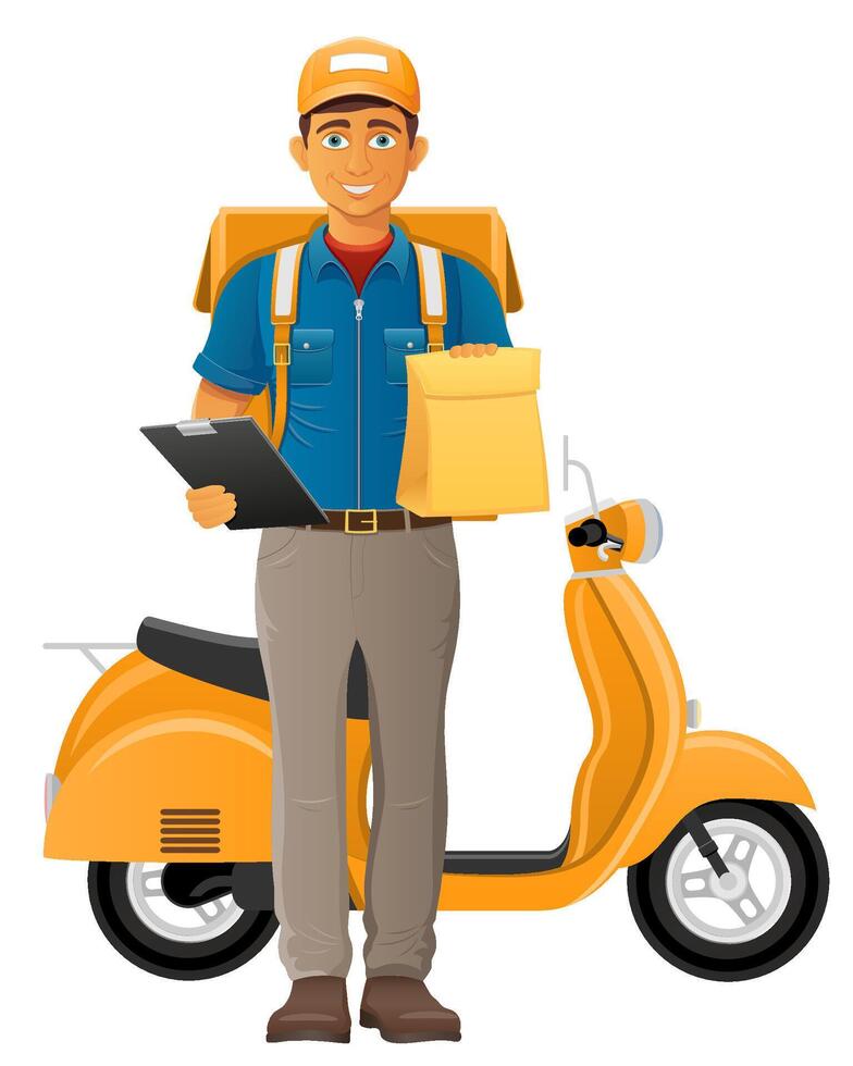 delivery man on scooter illustration isolated on white background vector