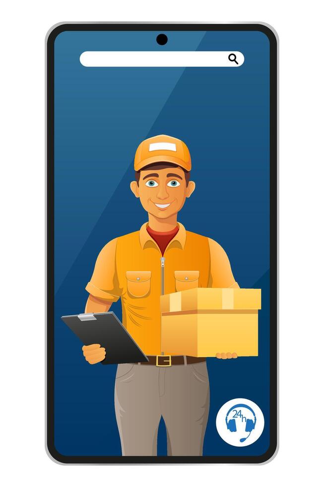 delivery young man by phone call courier service illustration isolated on white background vector