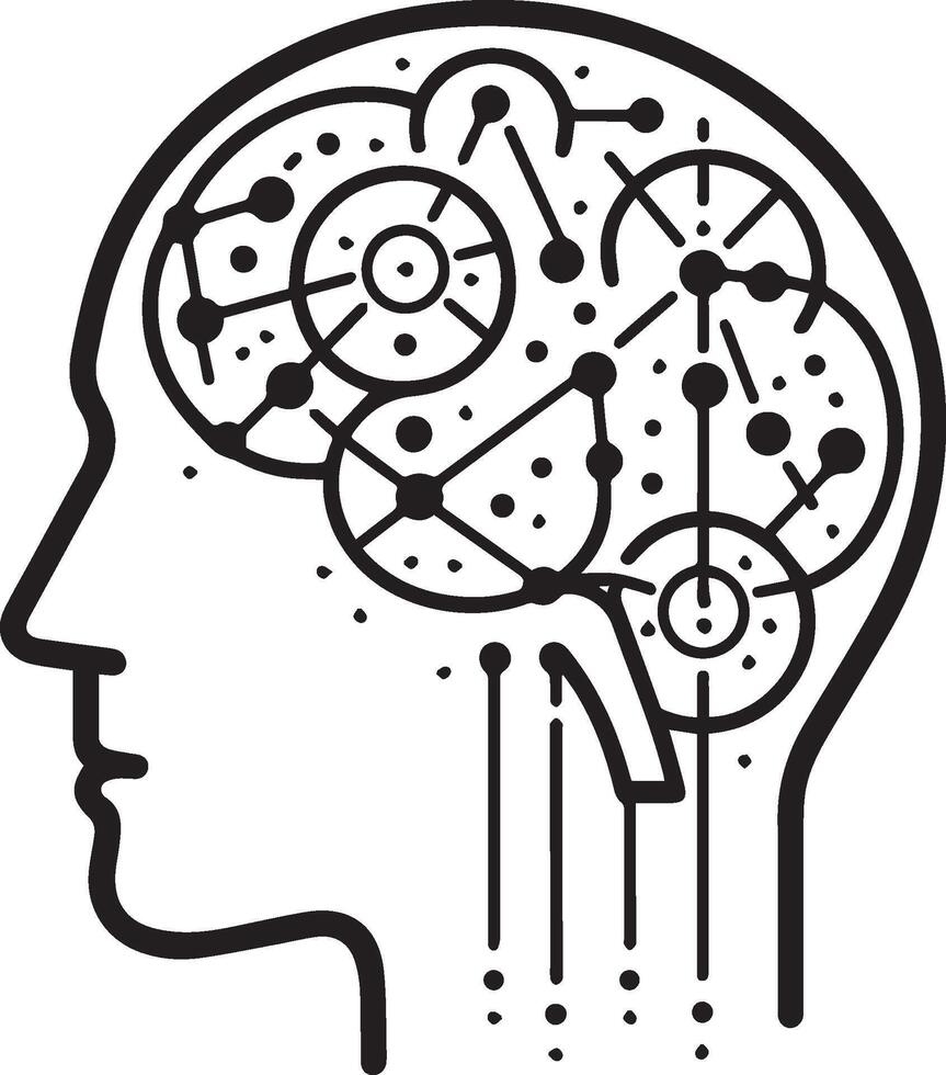 line drawing of a human brain . The brain is outlined in black and has multiple circles connected by lines vector