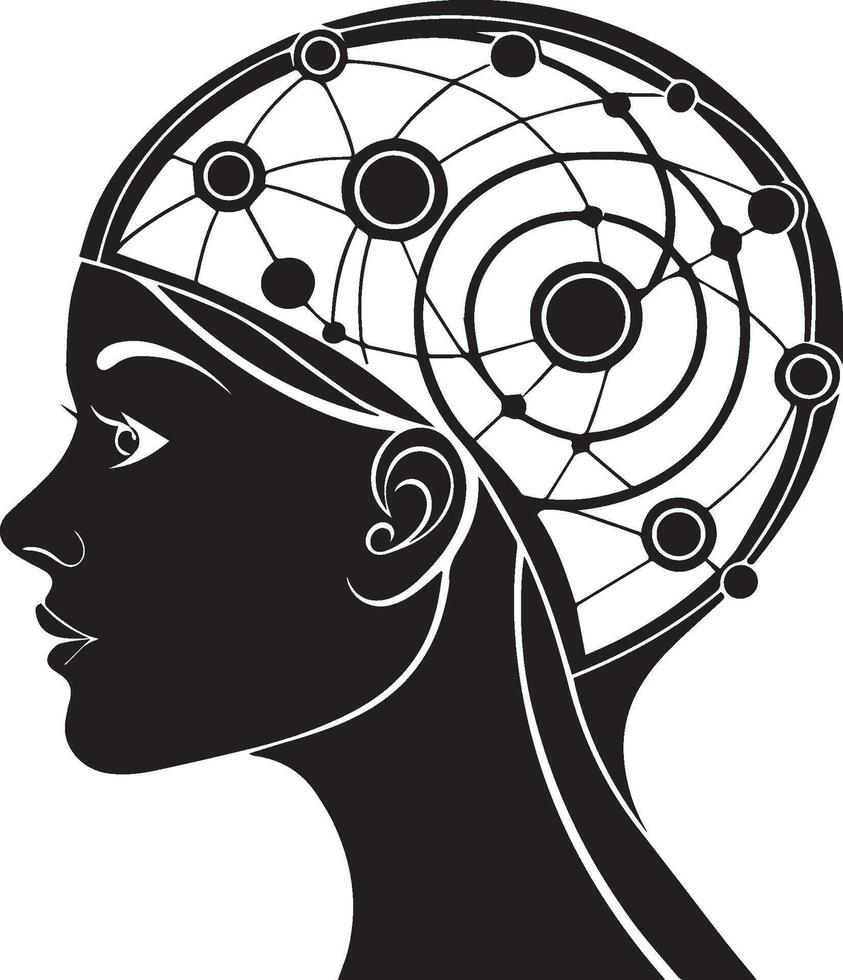 line drawing of a human head. The brain is made by multiple circles connected by lines vector
