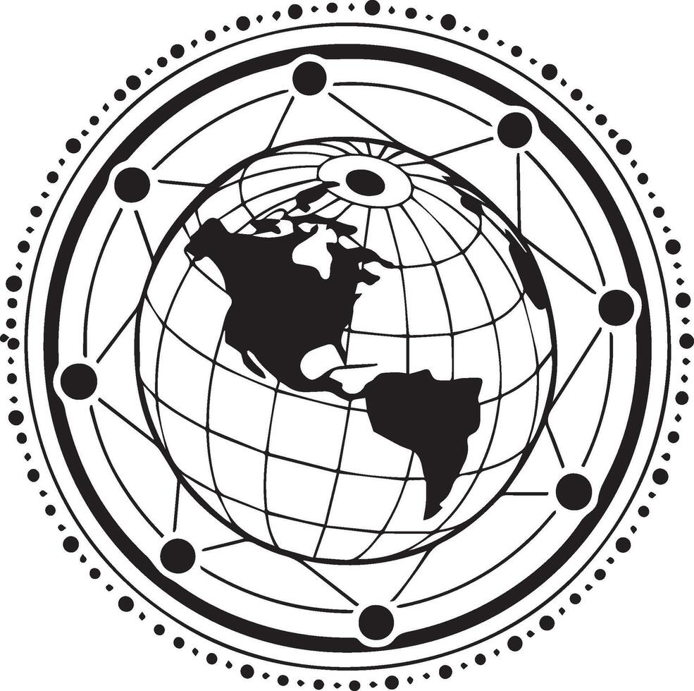 line drawing globe is in the center of the image and is surrounded by a network vector