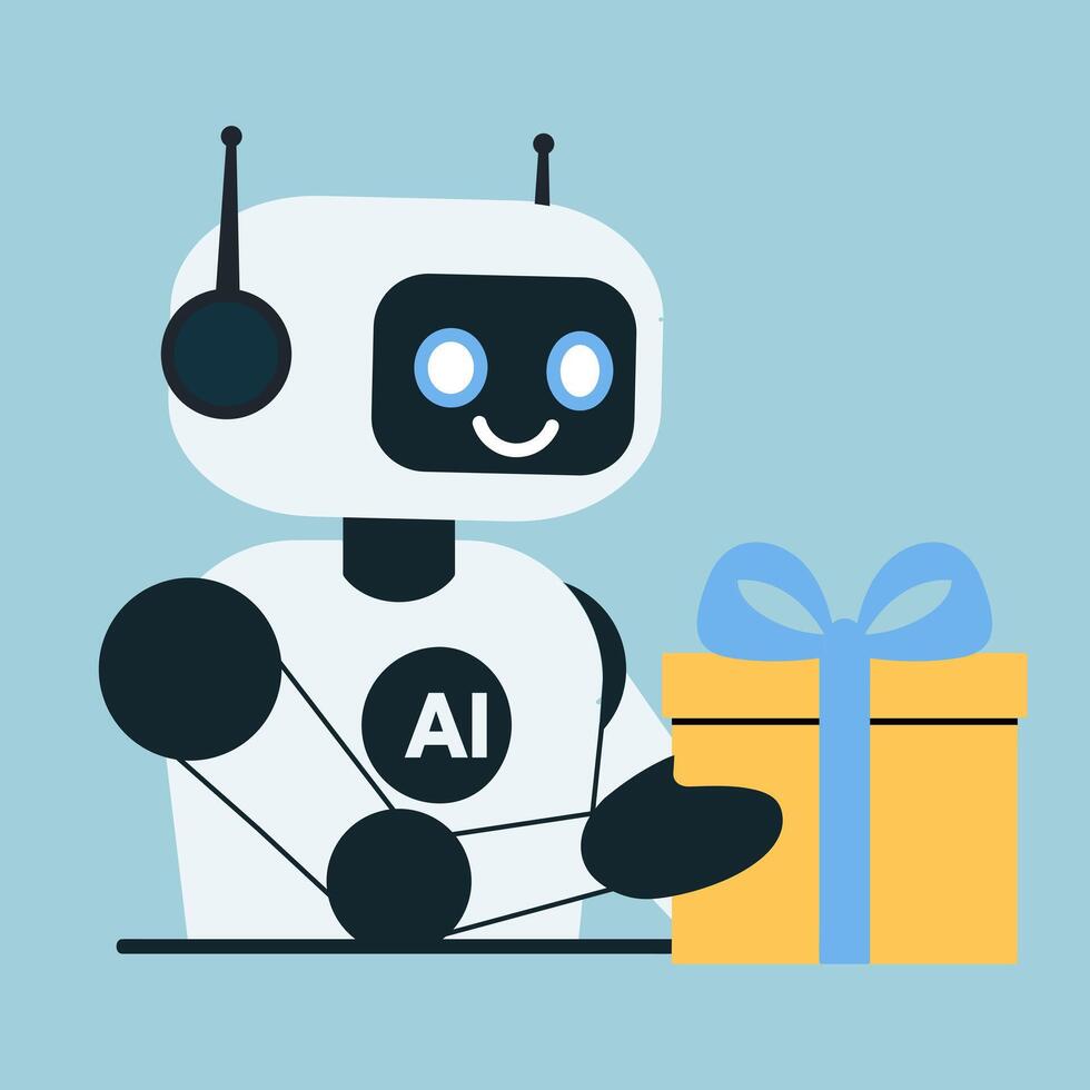 Flat illustration chat bot, robot with yellow gift isolated light blue background vector