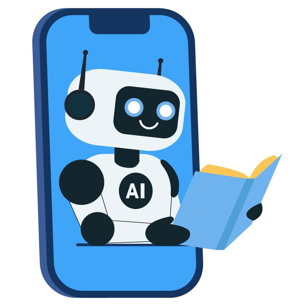 Robot reading book from mobile phone vector