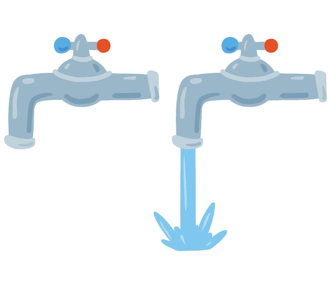 Water tap. Flat Faucet and blue liquid vector