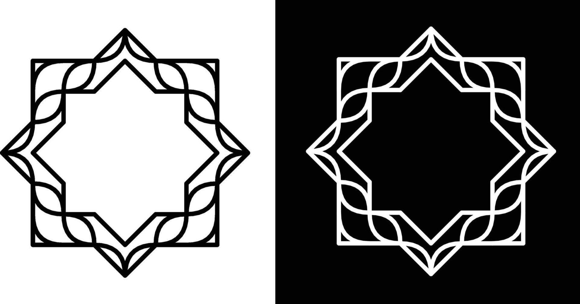 Elegant geometric patterns featuring star motifs and line art, displayed in contrasting black and white themes, showcasing intricate details and symmetrical design artistry, perfect for decorative vector