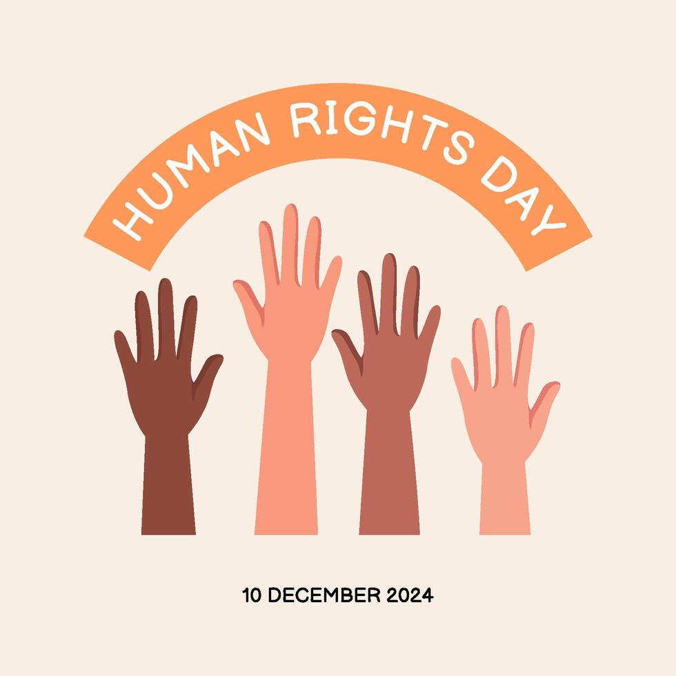human rights day, hands raised up with text vector