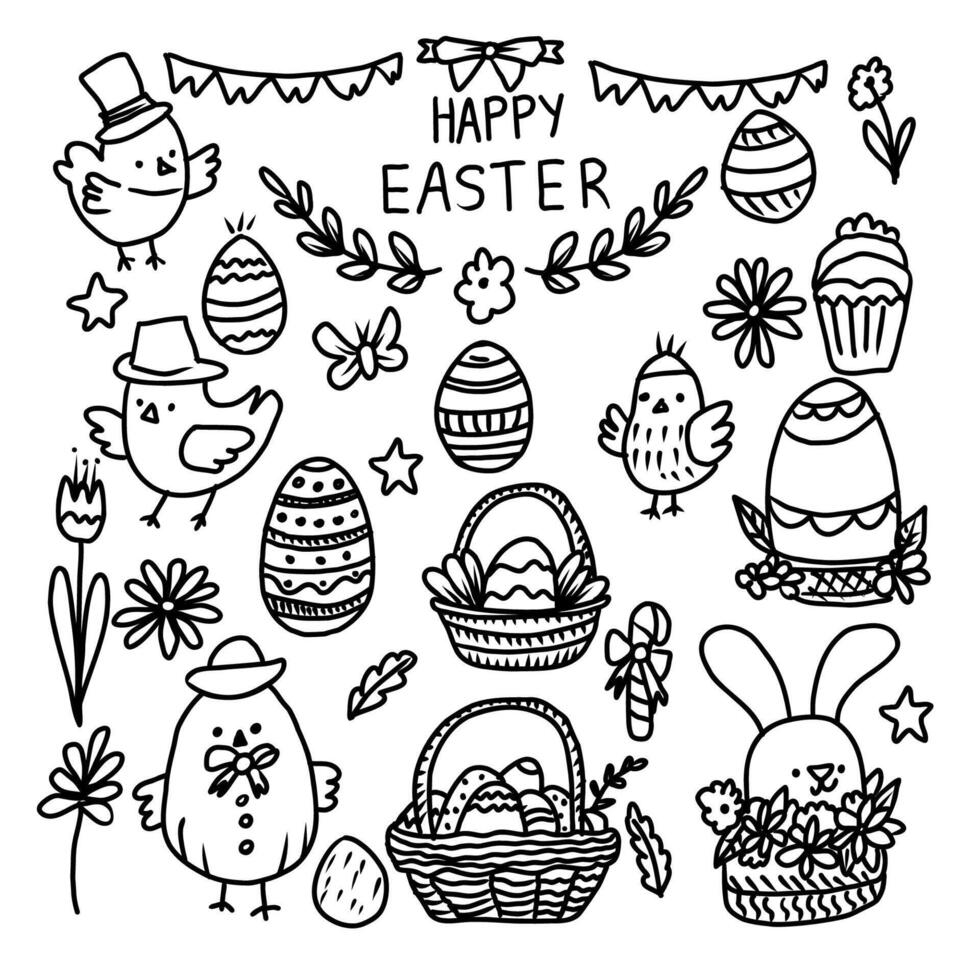 A collection of Easter themed drawings of birds, eggs, and flowers. The drawings are in black and white doodle. vector