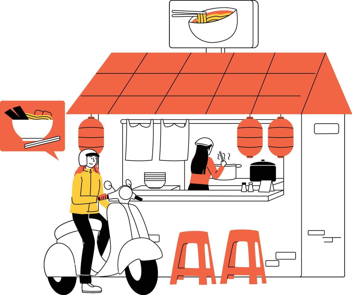 Flat Illustration Noodle Food Stall with Delivery vector