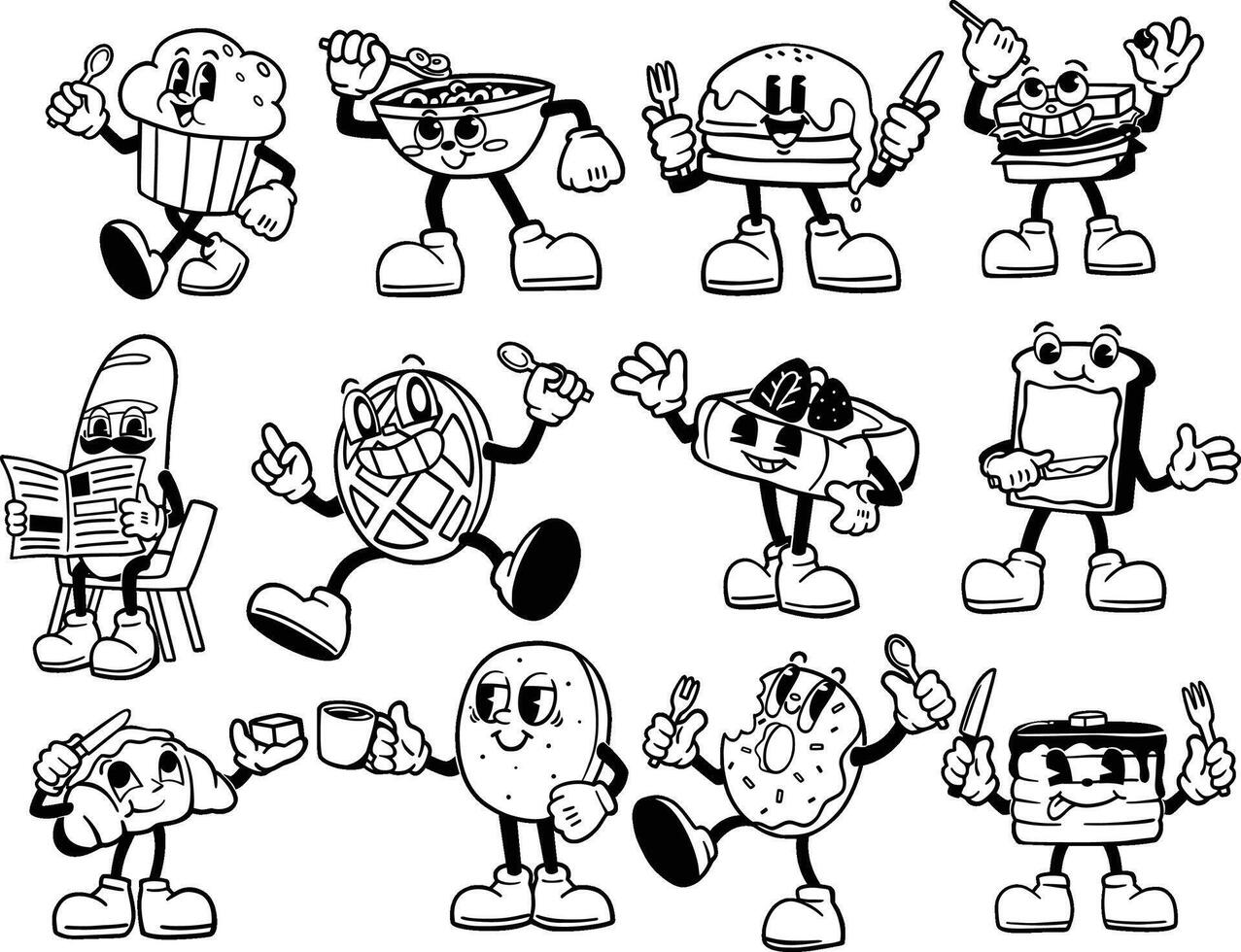 Fun Retro Mascot Breakfast and Brunch Cafe Illustrations vector
