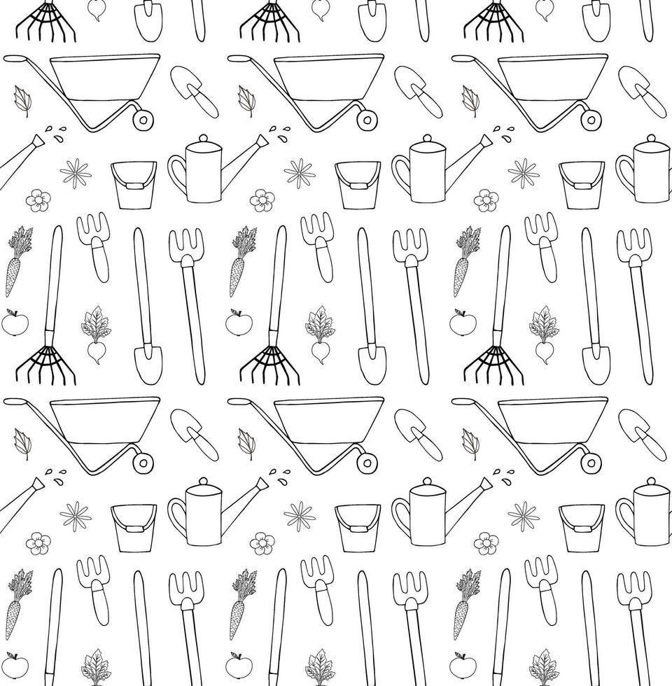 Seamless pattern of hand drawn gardening equipment isolated on white background vector