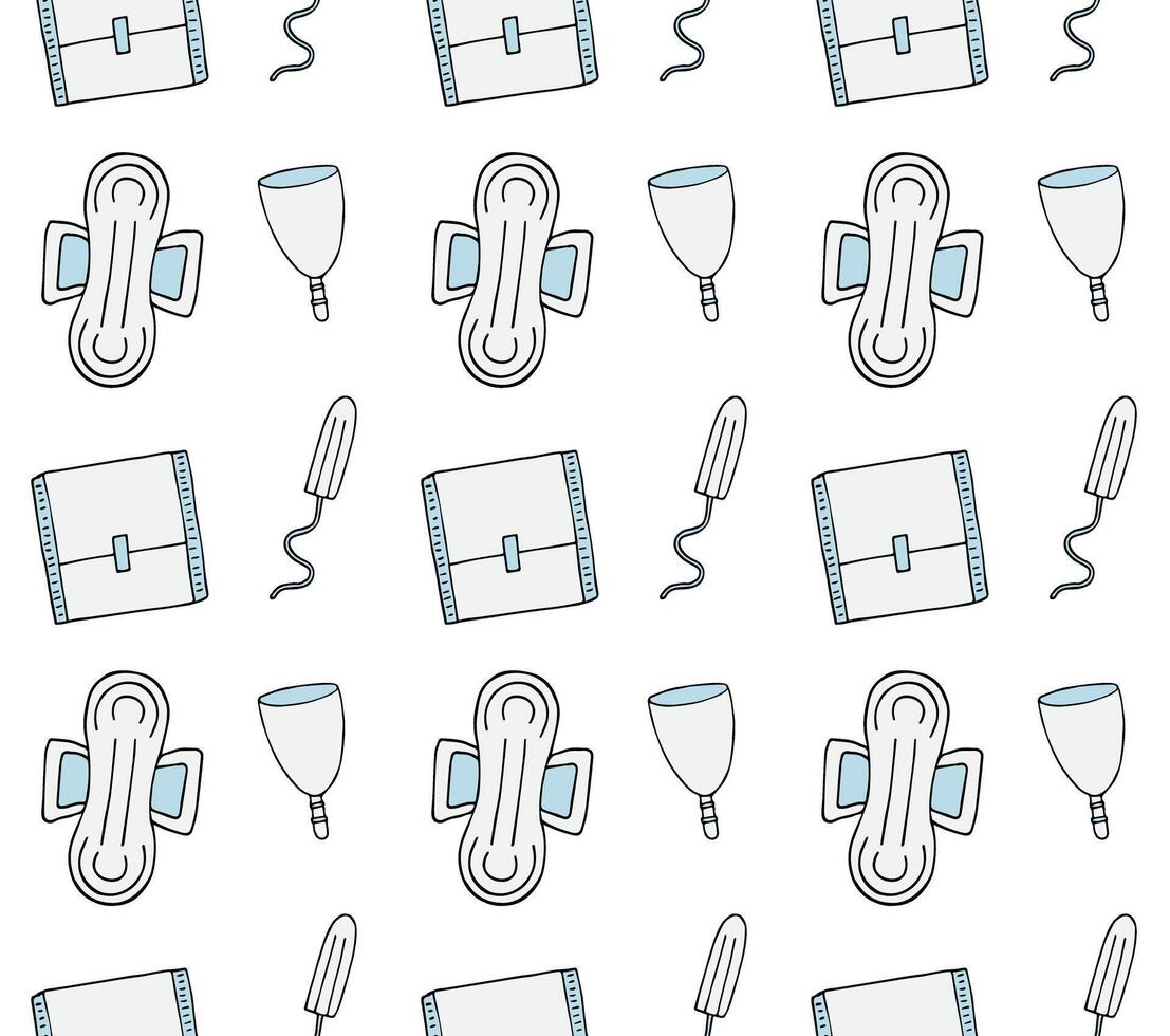 Seamless pattern of different hand drawn doodle sketch menstrual pad tampon and cup vector
