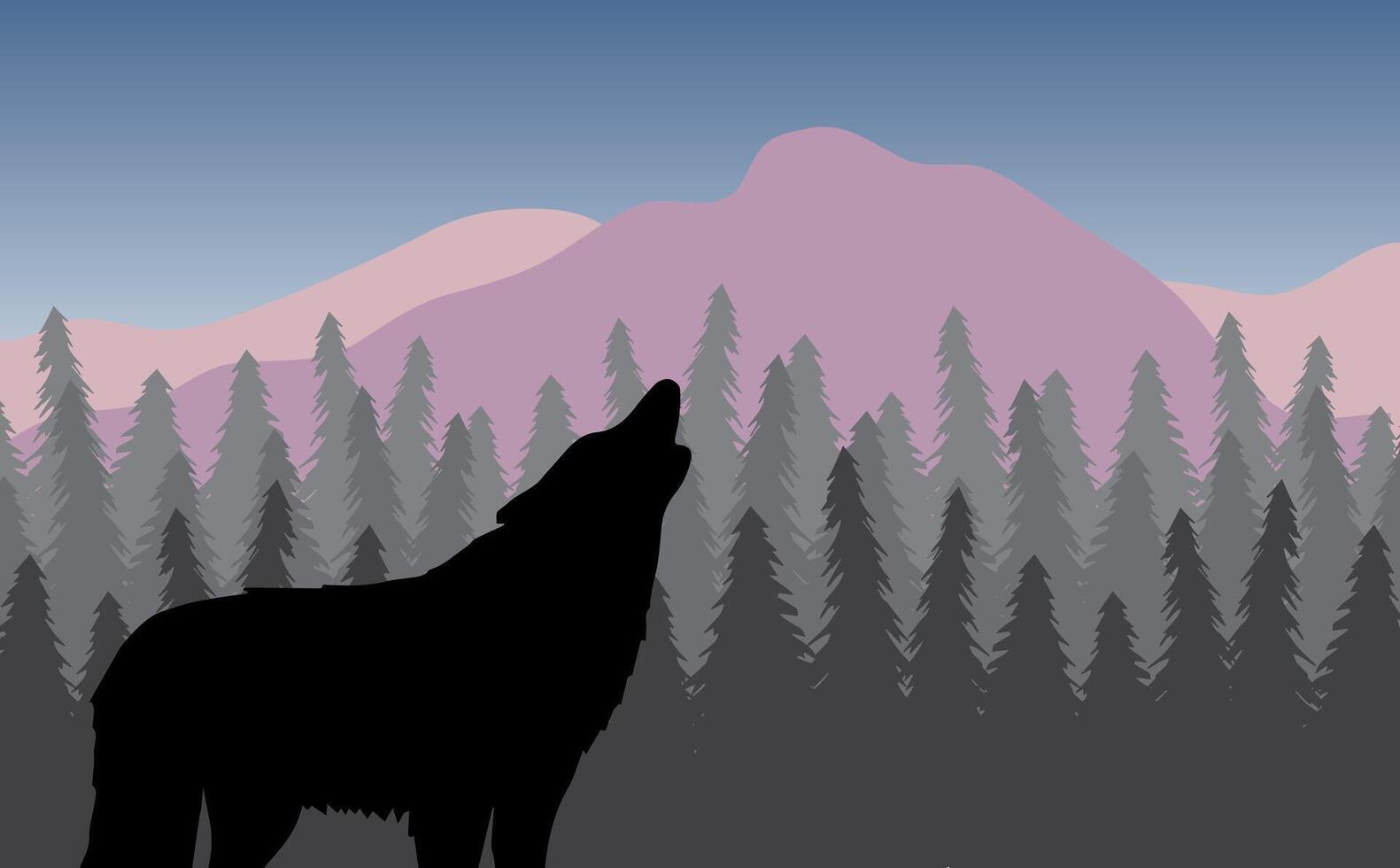 Howling wolf silhouette in flat landscape with spruce tree forest and mountains vector