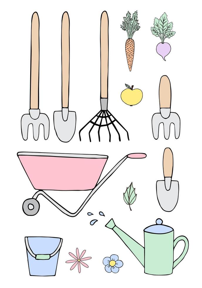 Bundle of hand drawn gardening equipment vector