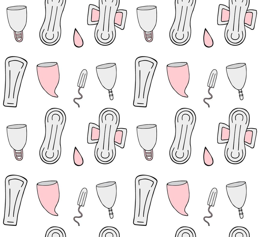 Seamless pattern of hand drawn doodle sketch menstrual pad tampon and cup isolated on white background vector
