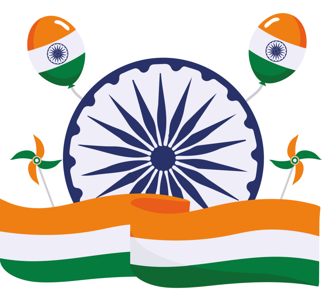 Indian flag with windmills and balloons icon design isolated png