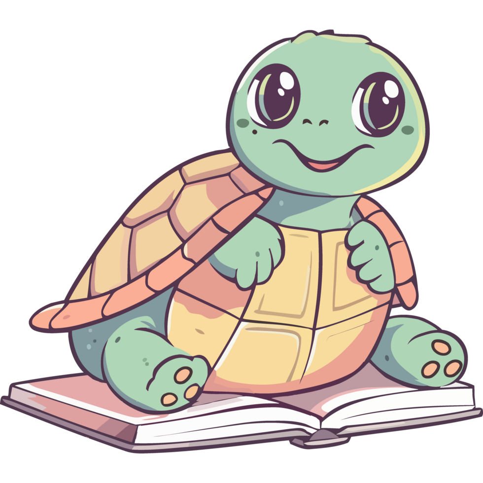 Cute cartoon turtle smiling on book icon isolated png