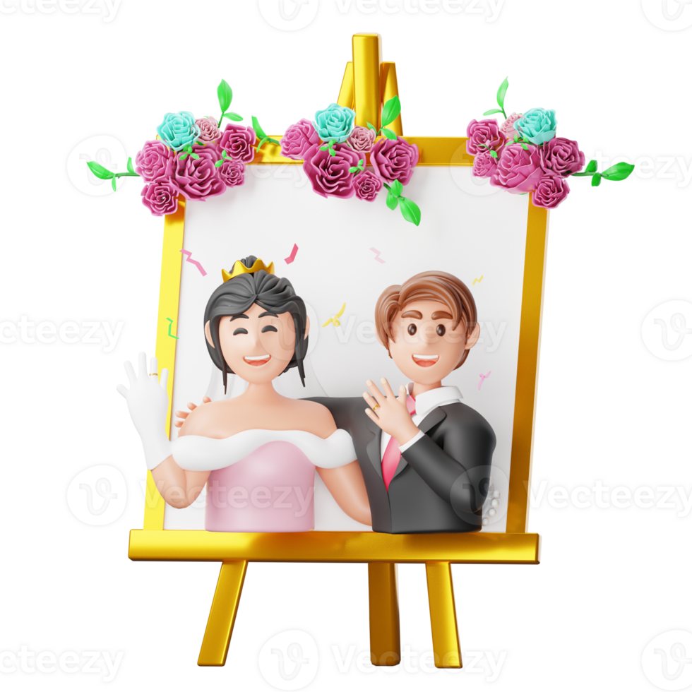 A couple is holding up a picture of their wedding png