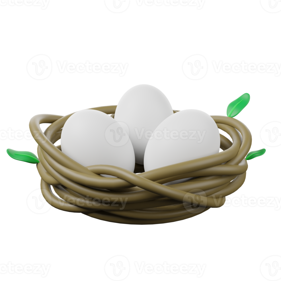 Three eggs in a nest with green leaves png