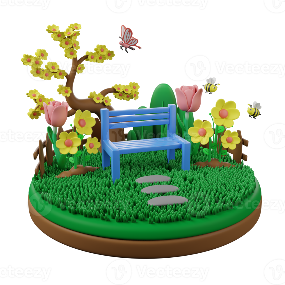 A small blue bench with flowers and a tree png