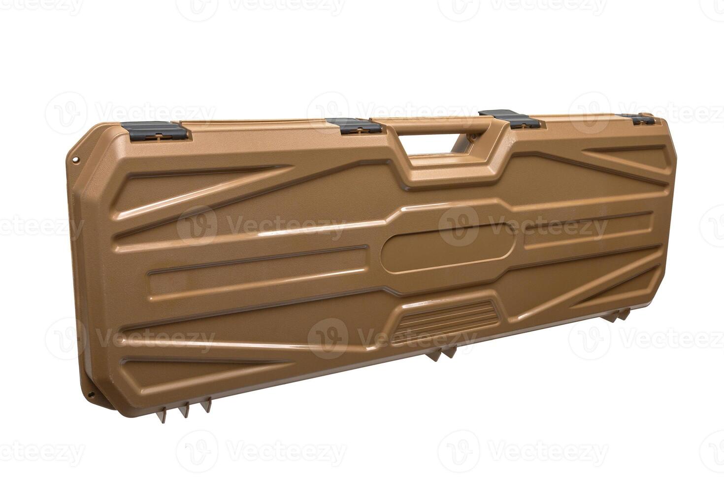 A brown, hard plastic rifle case with a textured surface, secure latches, and a handle for easy transport. photo