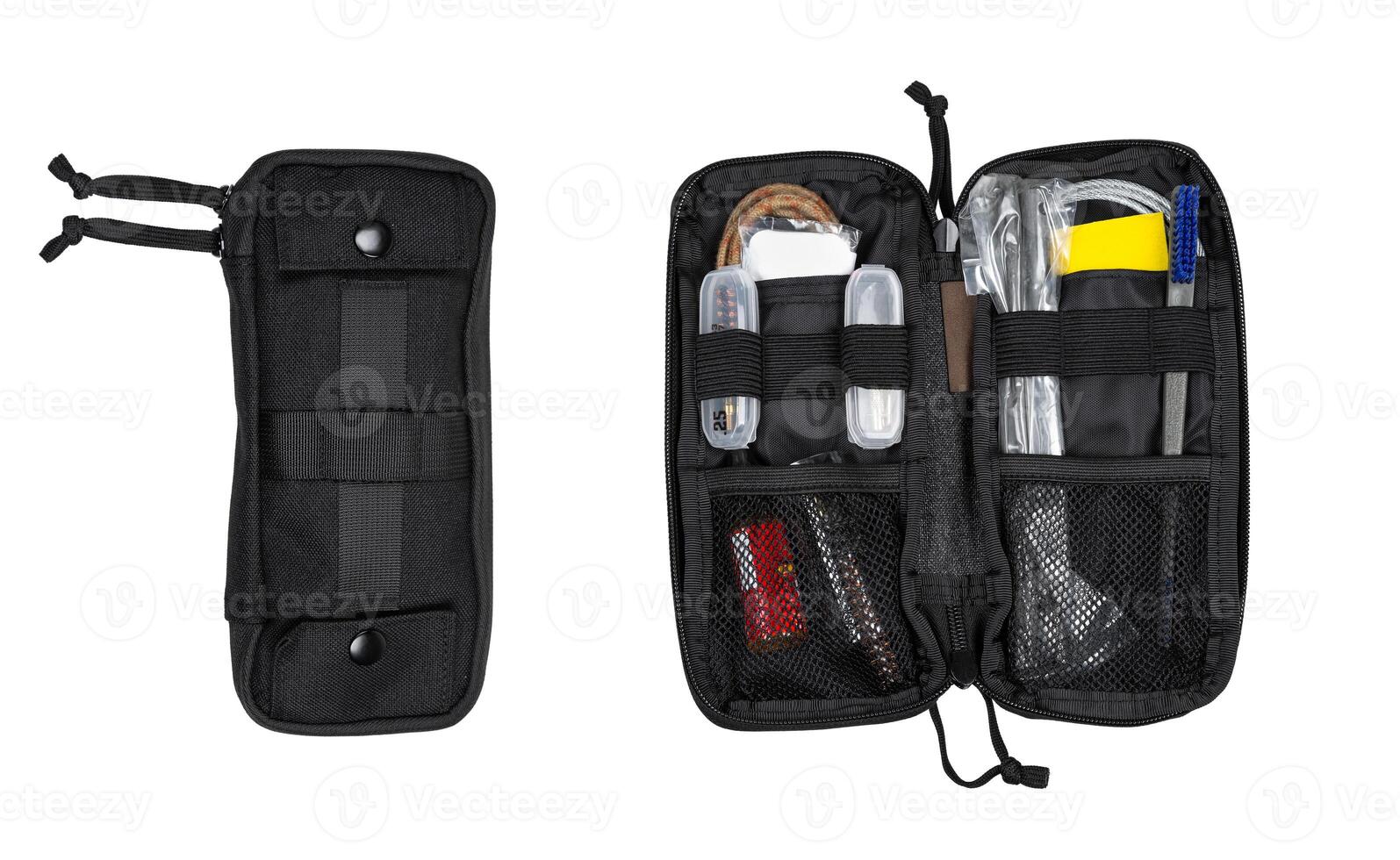 A black tactical pouch with snap button and zipper closure, shown both closed and open, containing various survival tools organized in elastic loops and mesh pockets photo