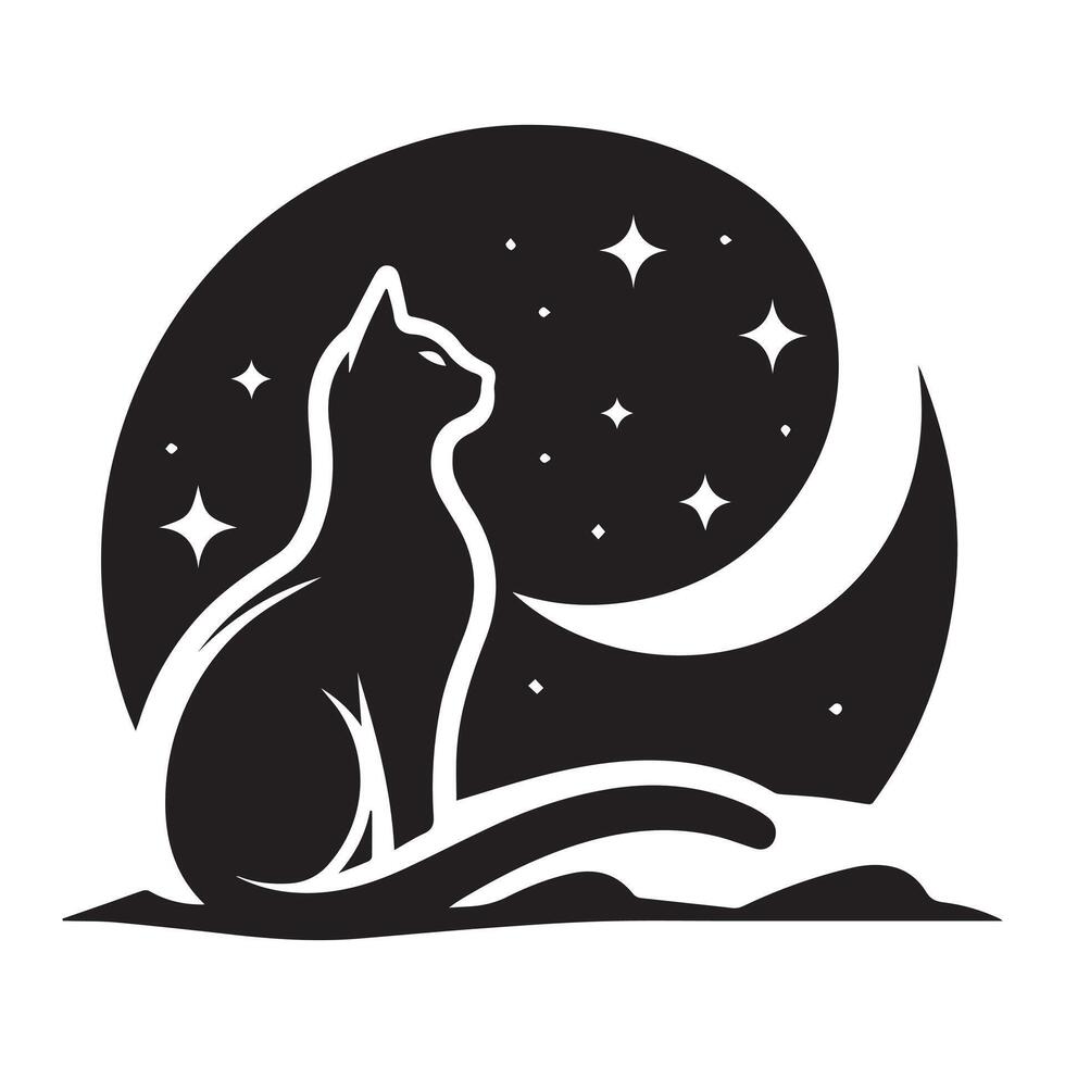 a black and white cat sitting on the moon with stars in the background vector