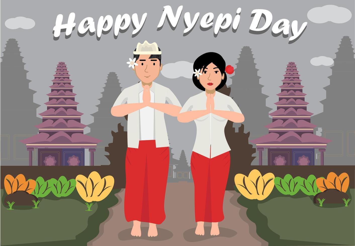 Illustration of Bali's Nyepi day of silence with two men and a woman praying vector