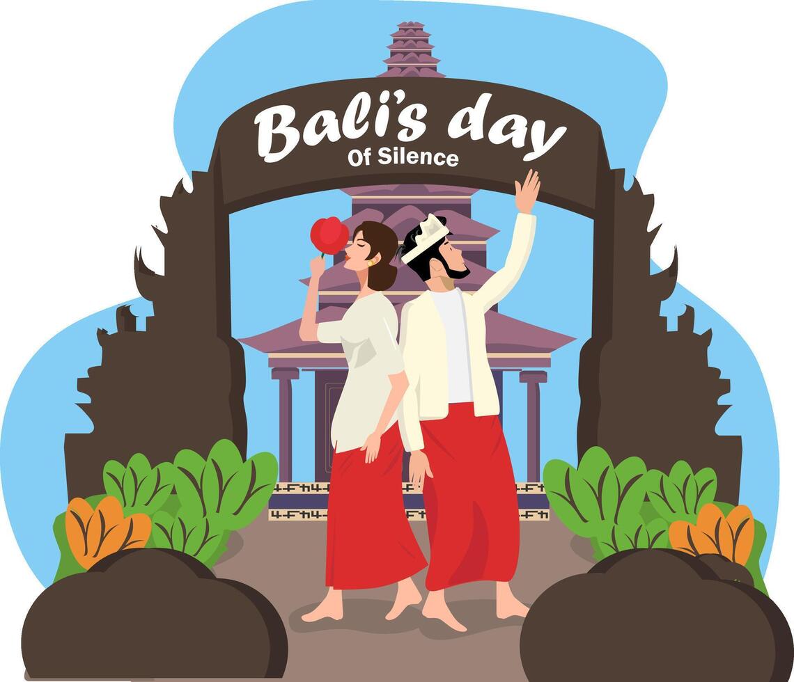 Bali's Nyepi Day of Silence with two people praying in front of the gate vector
