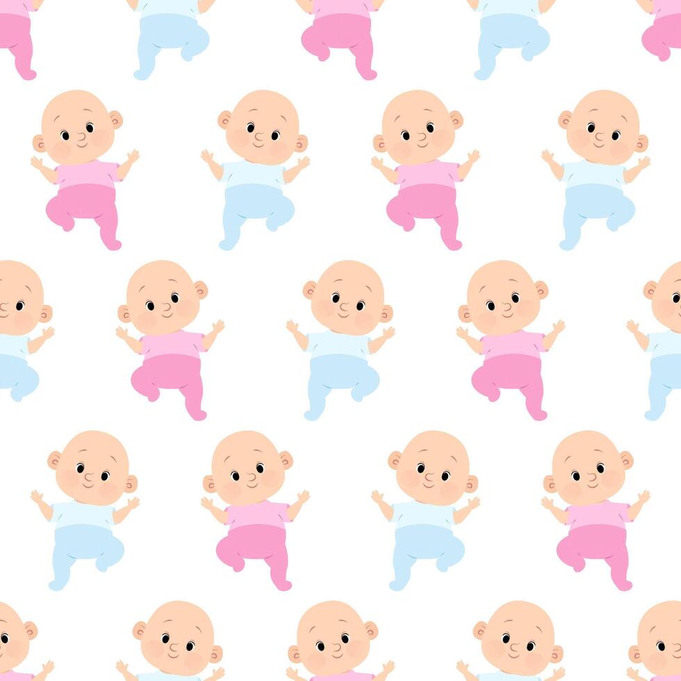 Seamless pattern of cute newborn babies in pink and blue clothes on white background vector