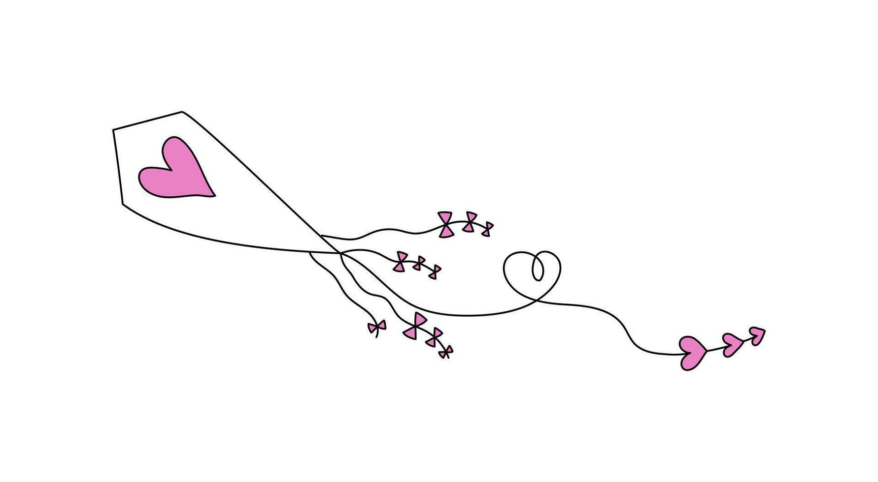 Kite with ribbons and hearts. Valentine's day, holiday. Simple drawing, doodle. White background isolated. vector
