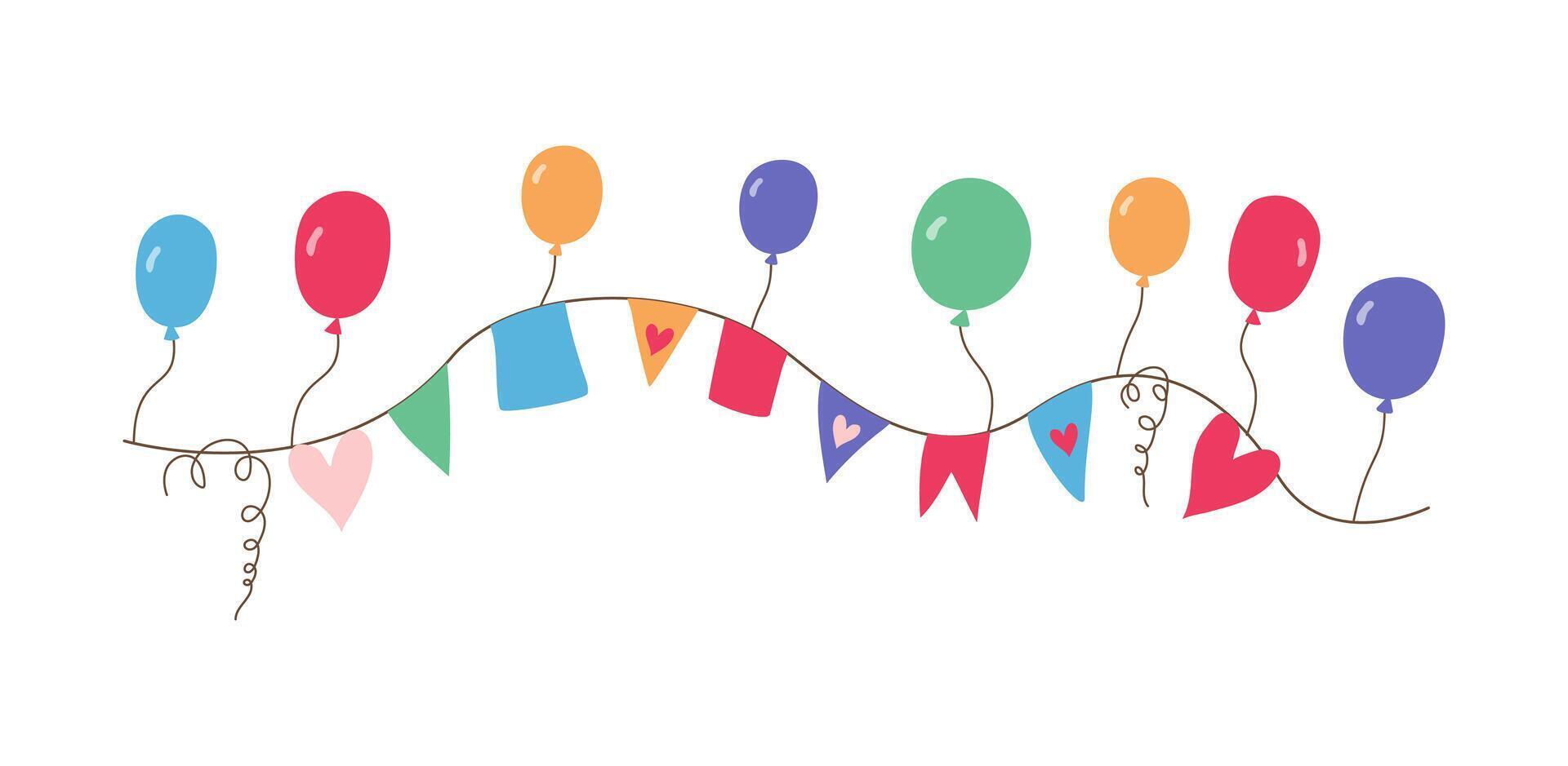 Flags, hearts, balloons. Banner. Funny cartoon greeting card decor, party invitation. vector