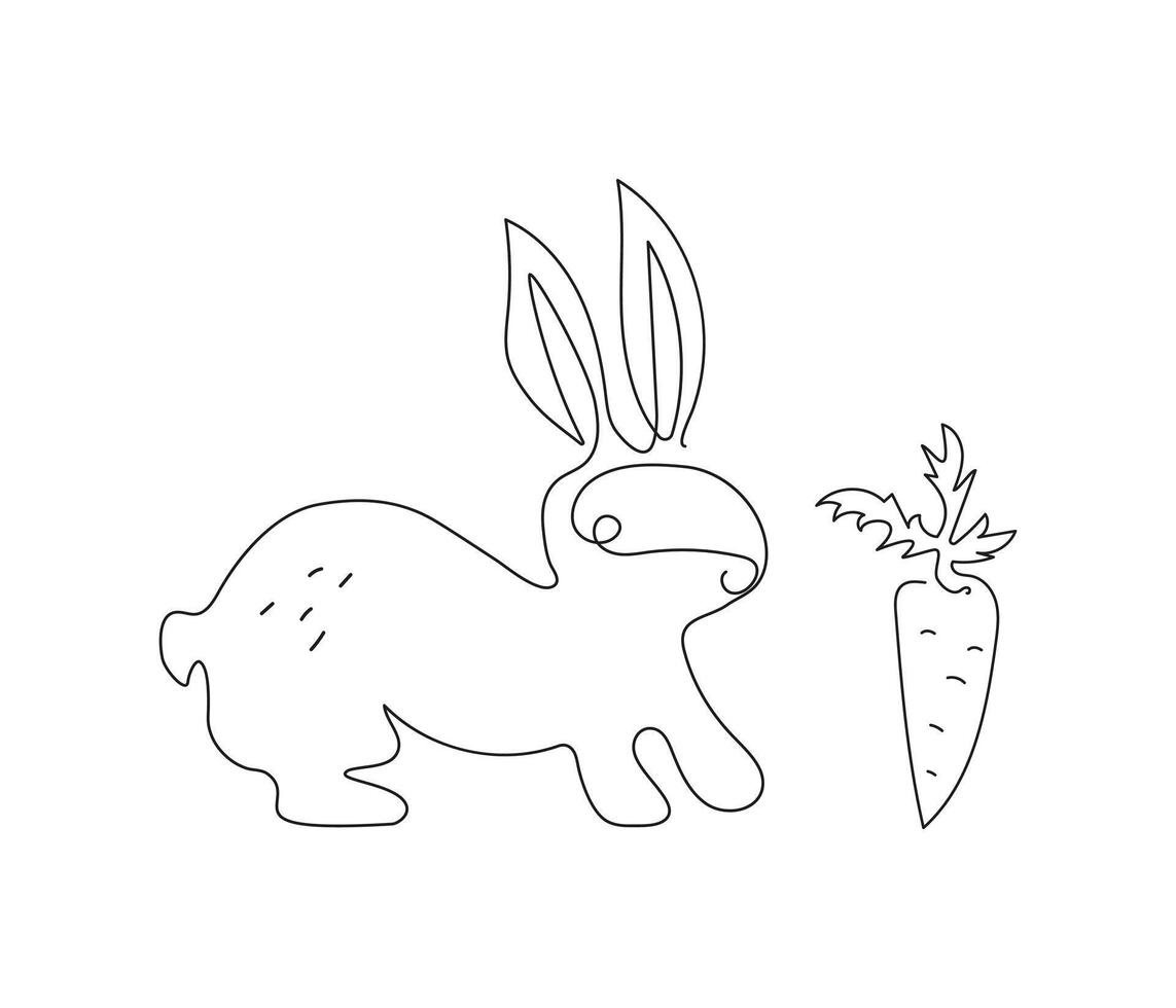 Hare with carrot. Easter bunny drawing, line art. One line drawing. Cute silhouette of a rabbit. Festive spring greeting card design. Isolated background. vector