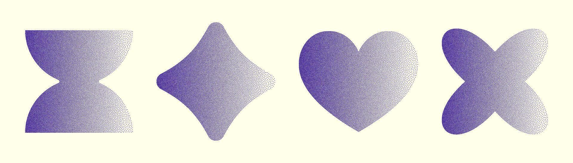 This artwork showcases a series of geometric shapes in various forms, including a heart and a diamond, all using a purple gradient with a soft noise texture. vector