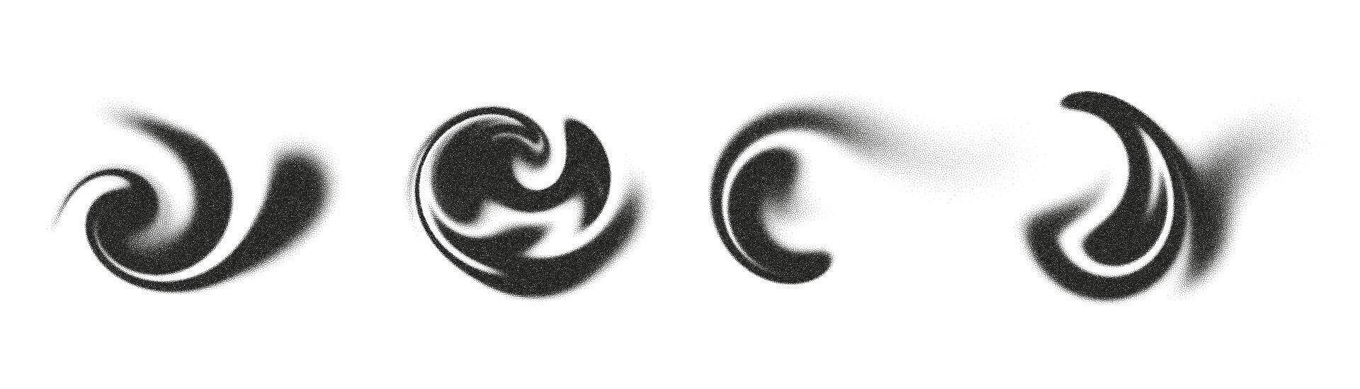 Complex vortices in various blurry forms form an abstract composition, demonstrating the dynamic interaction of noise and visual rhythm on a white background. vector