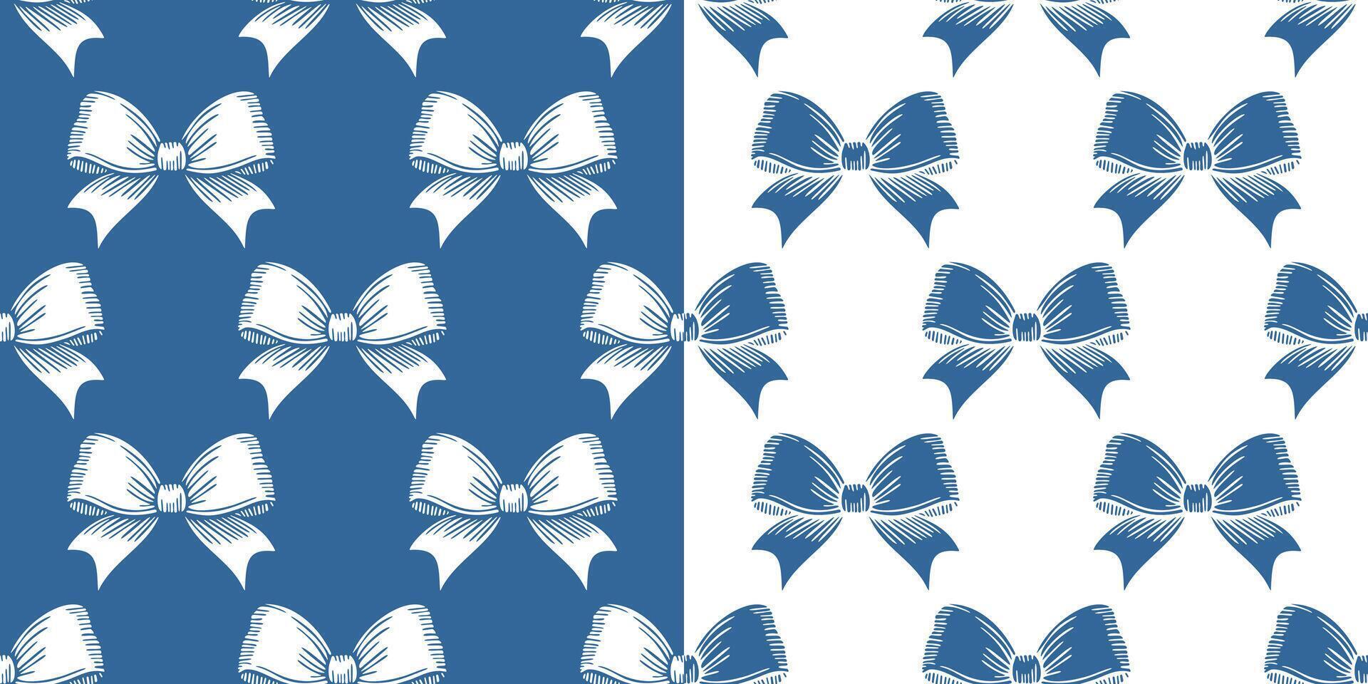 Blue and white seamless patterns with ribbons vector