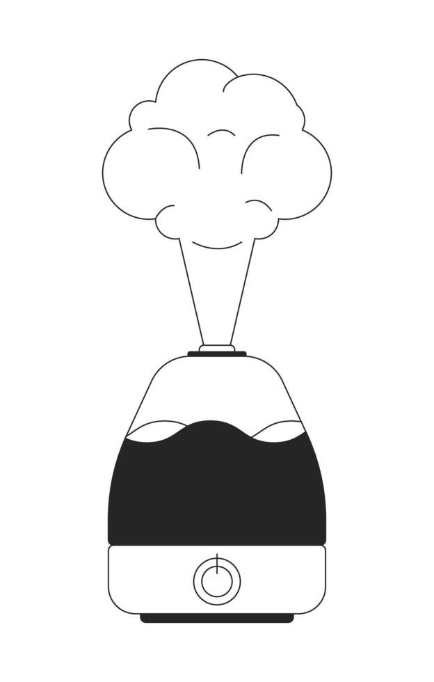 Humidifier releasing steam black and white 2D line object. Air purifier. Home appliance. Wellness device. Indoor air care gadget isolated clip art outline item. Monochromatic spot illustration vector