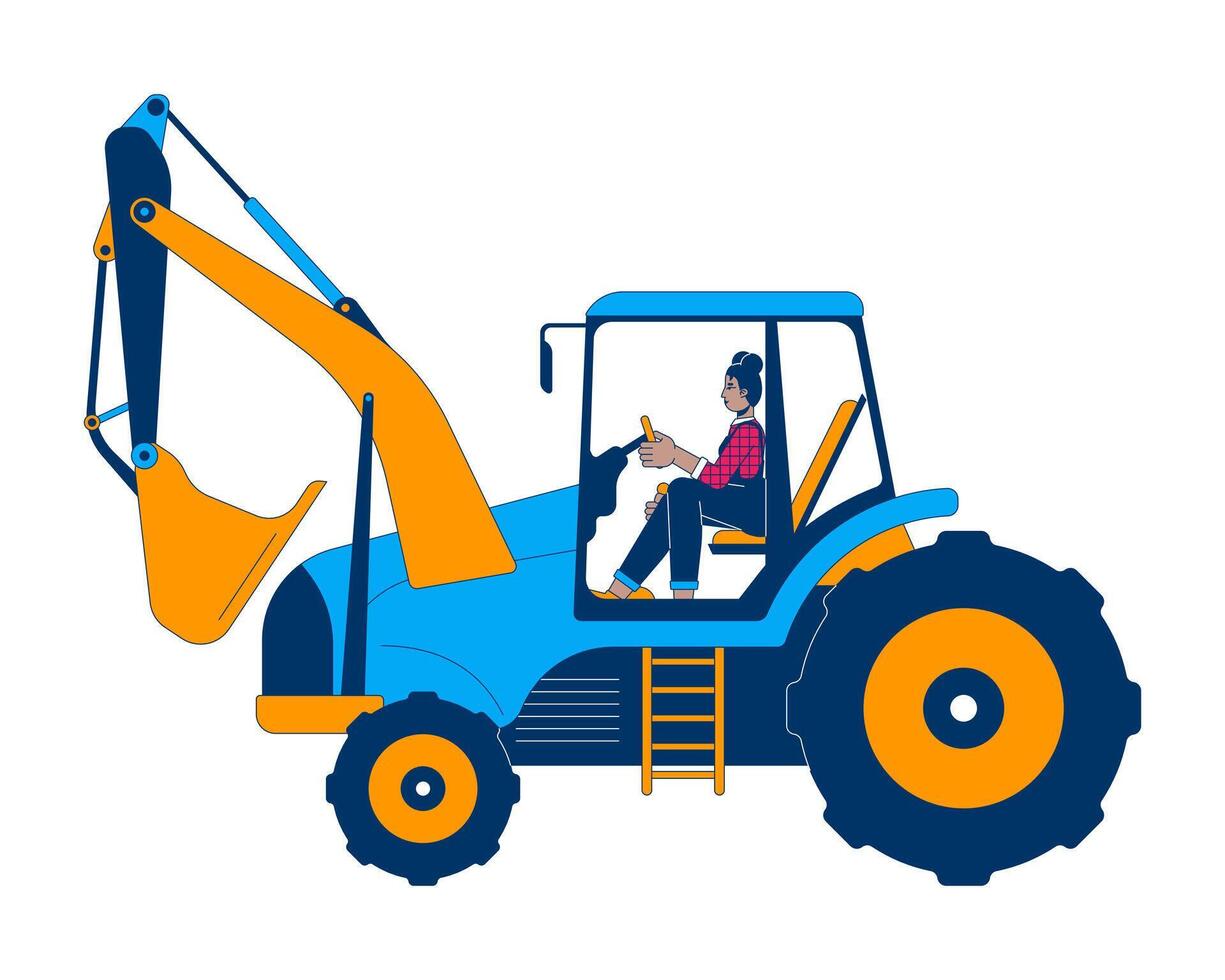 Woman driving excavator cartoon flat illustration. Construction worker. Heavy machinery. Black female in overalls operating tractor 2D character isolated on white background. colorful image vector