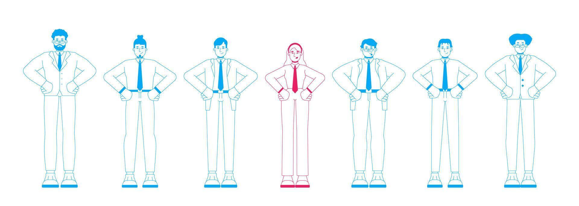 Female leader standing out in business team 2D illustration concept. Corporate diversity. Gender representation in workplace cartoon characters isolated on white. Metaphor abstract flat graphic vector